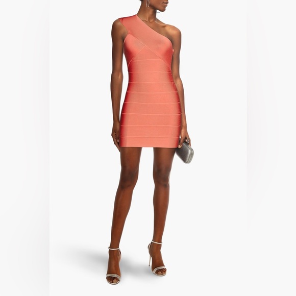Herve Leger One-Shoulder Mini Dress in Deep Sea Coral SzM